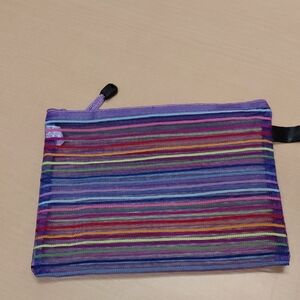 Striped Purple Multi-Color Mesh Pouch - Women Makeup Bag